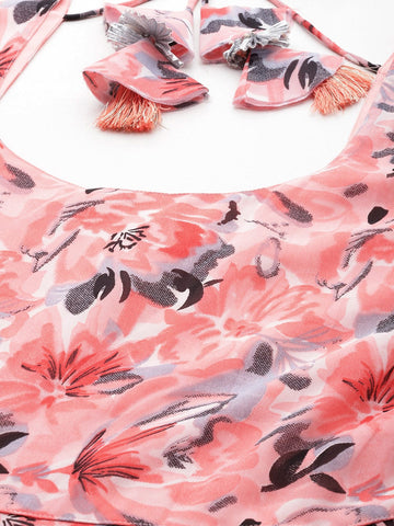 Peach Floral Printed Anarkali Kurta Paired With Tonal Chiffon Solid Dupatta With Four Side Traingular Gota Lace